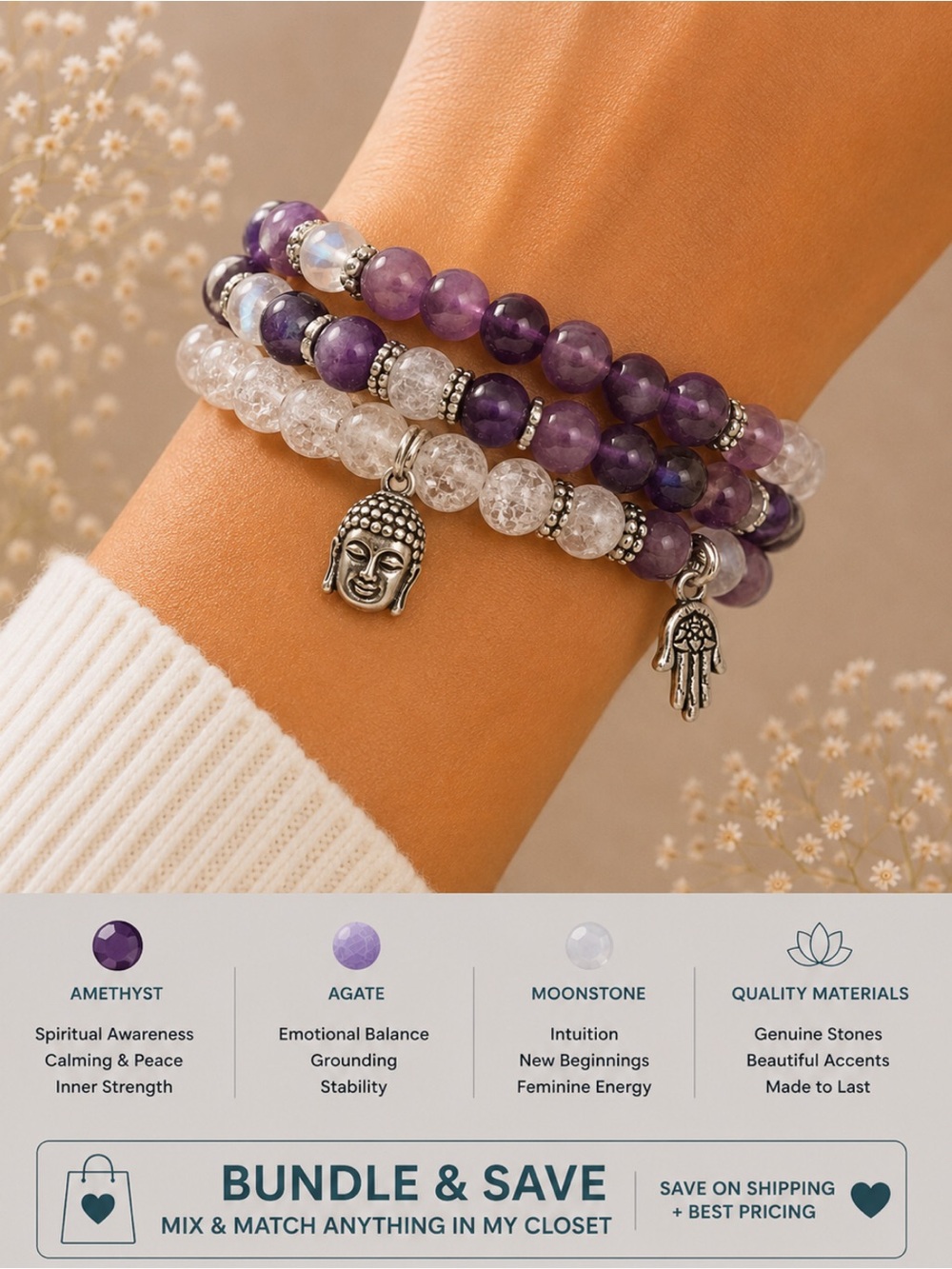 Amethyst Genuine Stone, Agate, Moonstone & Quartz Stretch Unisex Bracelet Set